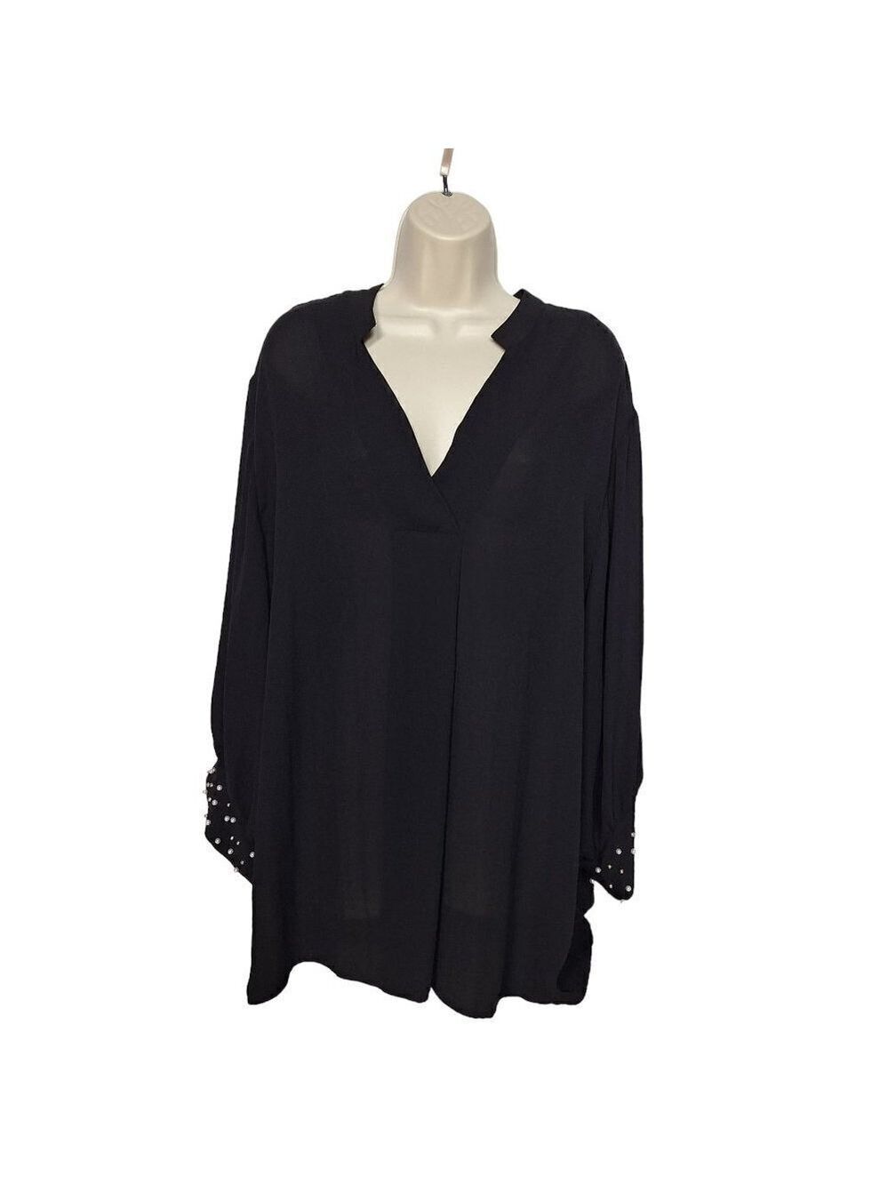 Worthington Black Beaded Three Quarter Sleeve Blouse Plus Size XXL